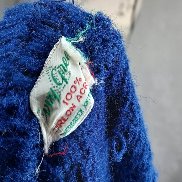 Vintage Dark Blue Acrylic Knit Button Up Fringe Poncho Cape S/M - Picture 7 of 8